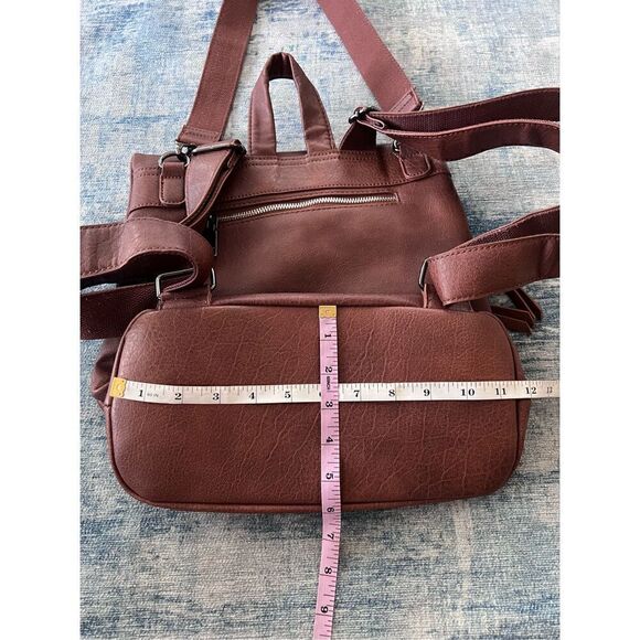 Brown Faux Leather Fold Over Bucket Shoulder Convertible Backpack - Picture 8 of 8